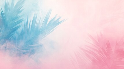 Fototapeta premium Soft pastel background featuring blue and pink palm leaves, creating a tranquil atmosphere.