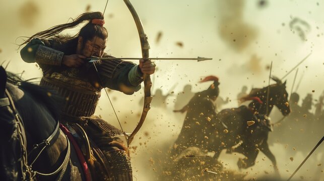 Mongol Archer Warrior on Horseback Engaged in Fierce Battle Scene