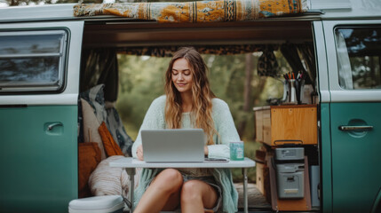 Digital Nomad Working Outdoors from Van