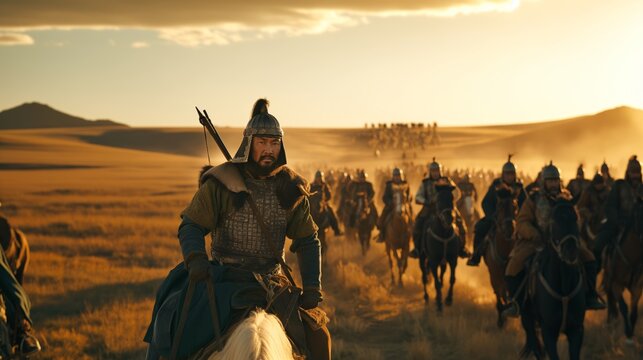 Mongol Warrior Leading an Army on Horseback Across Vast Plains at Sunset