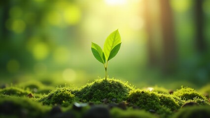 A young sprout on a mossy mound, illuminated by warm morning sunlight, symbolizing growth and renewal