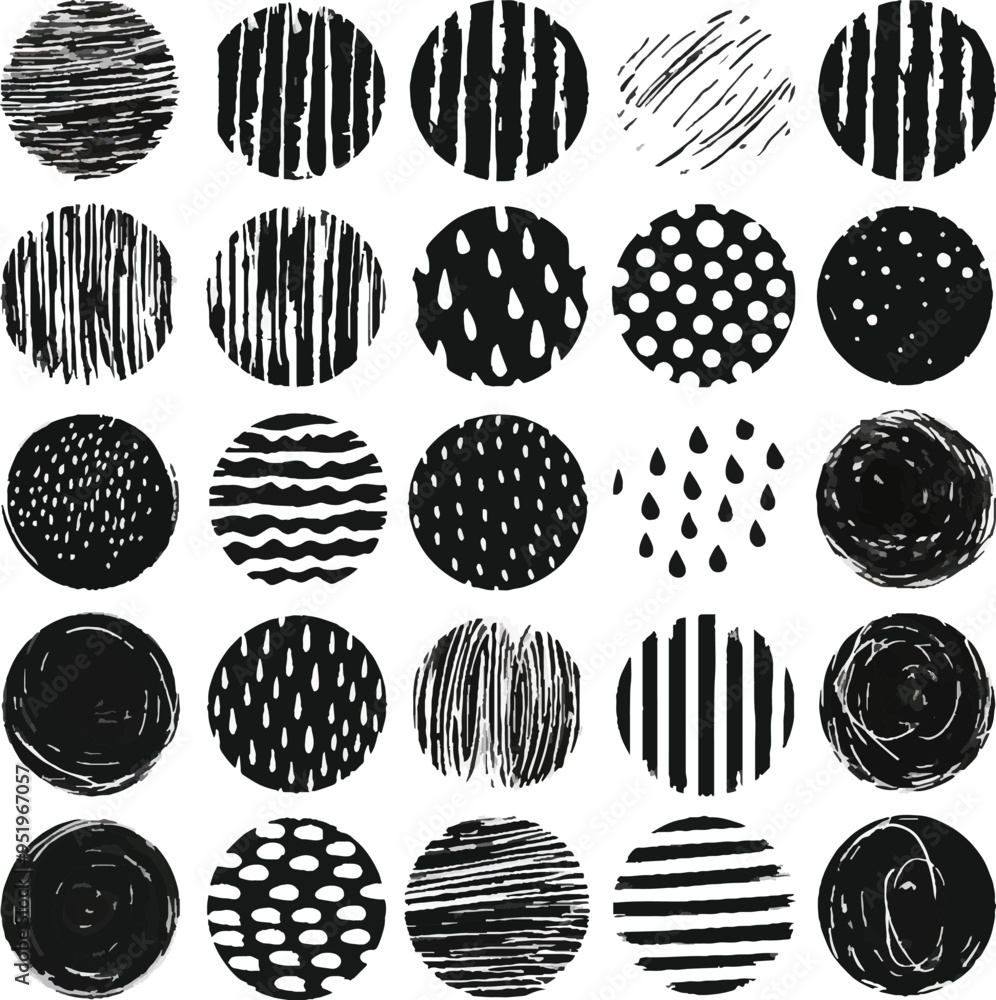 Poster hand drawn charcoal doodle texture abstract graphic elements a set of circles and brush strokes in a