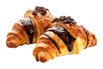Freshly baked chocolate croissants, melted chocolate filling, isolated on white transparent background, making for breakfast