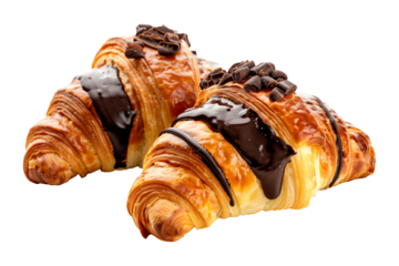 Freshly baked chocolate croissants, melted chocolate filling, isolated on white transparent background, making for breakfast