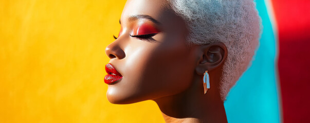 Obraz premium Vibrant portrait of a woman with white hair against colorful backdrop
