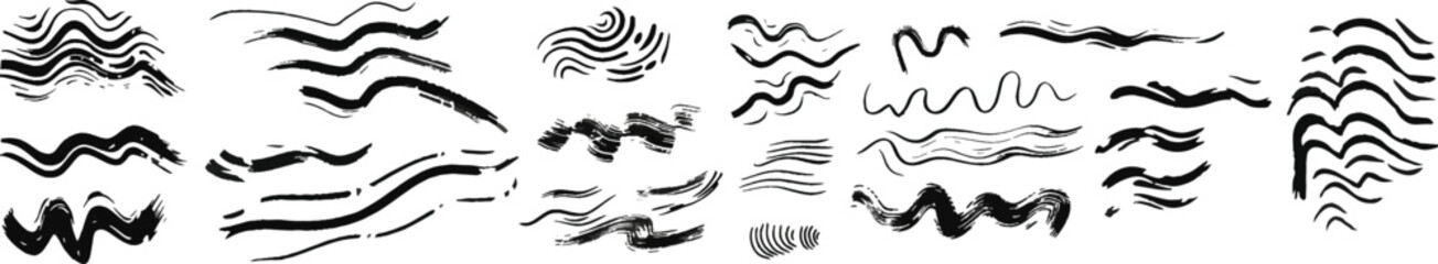 Charcoal doodle scribbles black paint brush strokes and wavy lines creating an underline brushstroke set showcasing grunge textures in a hand drawn abstract illustration style