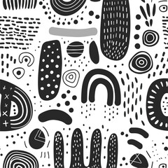 Charcoal doodle scribble abstract seamless pattern hand-drawn geometric shapes lines spots and stripes ideal for fabric wrapping textile and wallpaper design in a modern minimalistic style