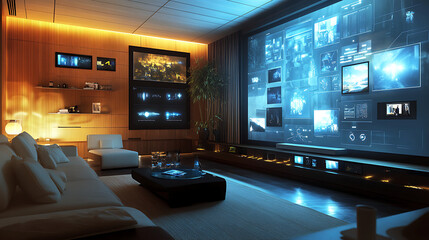 Futuristic Space with Voice-Responsive Invisible Surfaces.