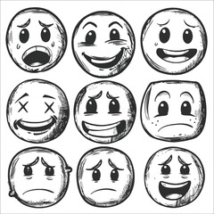 Charcoal Doodle Collection nine hand drawn emoji icons showcasing various emotions including happy sad angry sick in love surprised confused and laughing in a vintage retro style