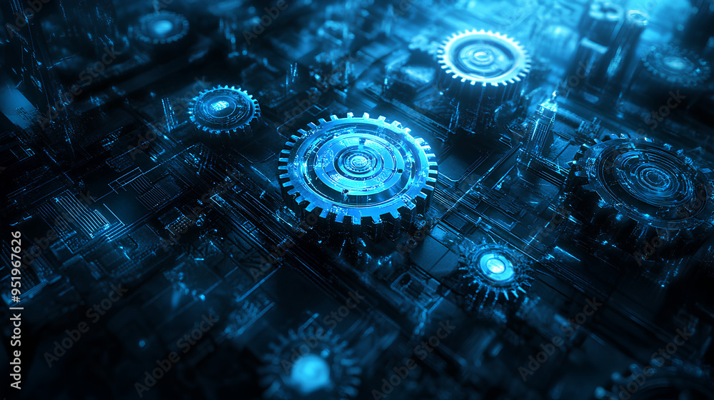 Poster abstract blue digital technology background with gears and cogs, dark color palette