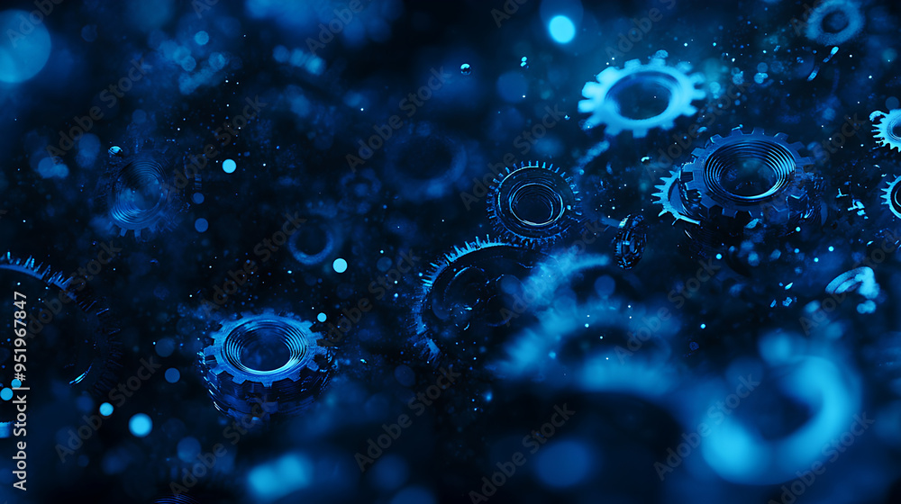 Poster abstract blue digital technology background with gears and cogs, dark color palette