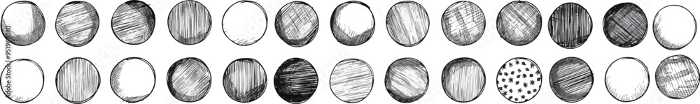 Poster charcoal doodle scribble set hand drawn circular frames and sketch elements in vector art style perf