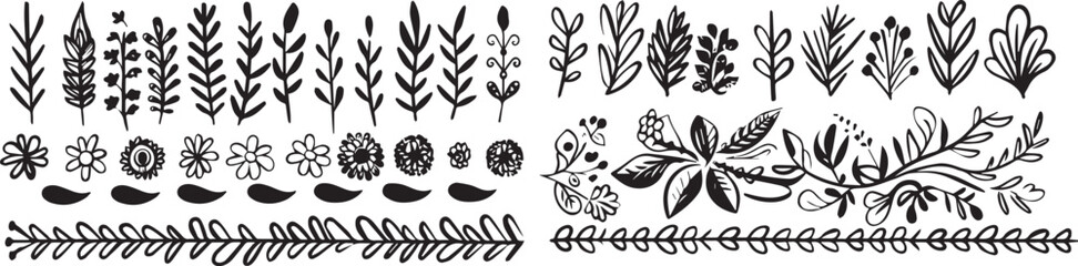 Explore a collection of hand-drawn charcoal doodle floral elements botanical illustrations of flowers leaves and branches perfect for unique design projects and digital downloads.