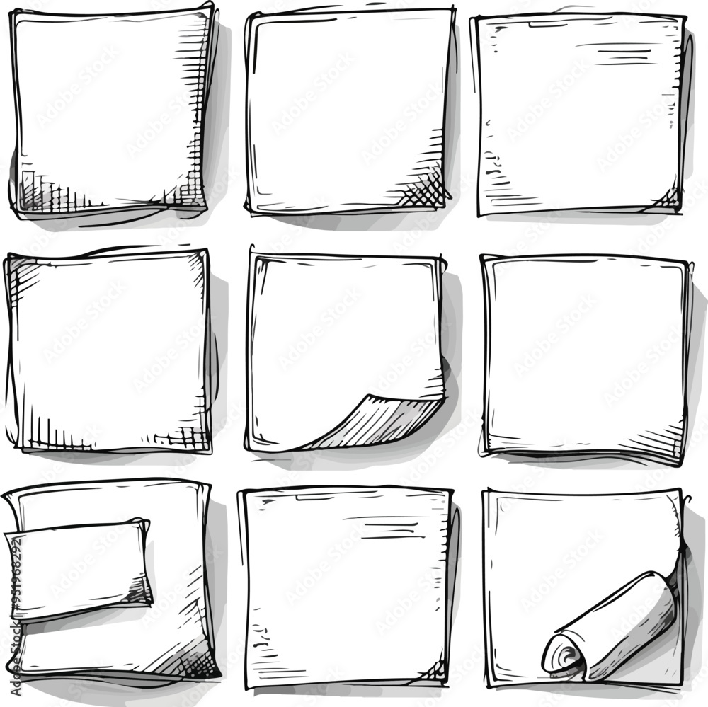 Poster charcoal doodle scribble set hand drawn blank paper pieces in various positions memo stickers sketch