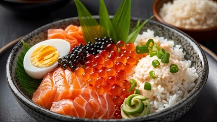 Traditional Asian cuisine. Donburi with rice and caviar, salmon meat, omelette and lettuce leaves.