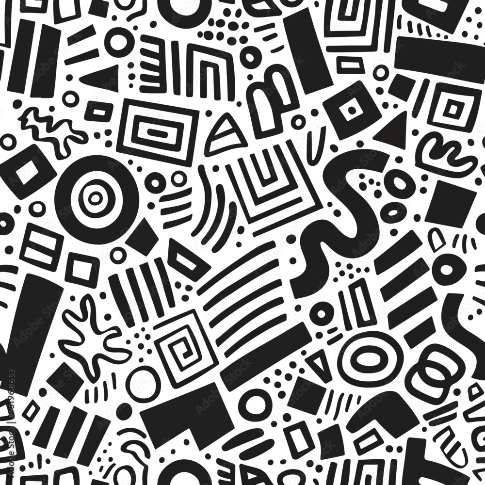 Poster seamless charcoal doodle pattern abstract shapes and primitive geometric forms ideal for textile pri