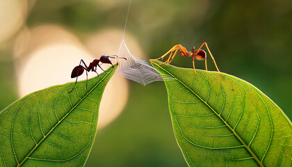 an ant and a spider working together to build a web-bridge between two leaves