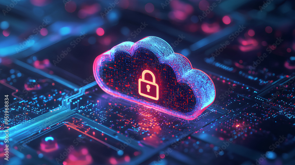 Poster abstract illustration of cloud security services, stylized cloud icon integrated with a secure padlo
