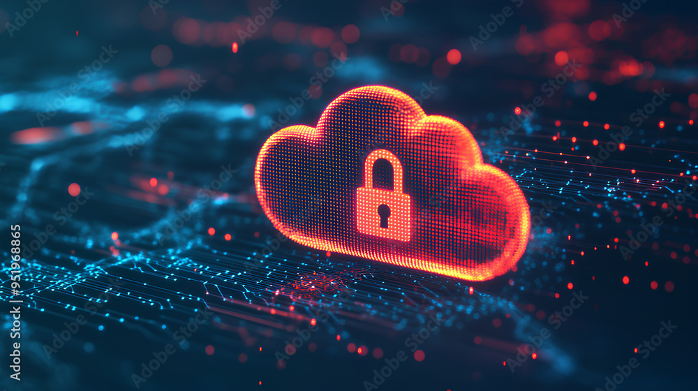 Poster abstract illustration of cloud security services, stylized cloud icon integrated with a secure padlo