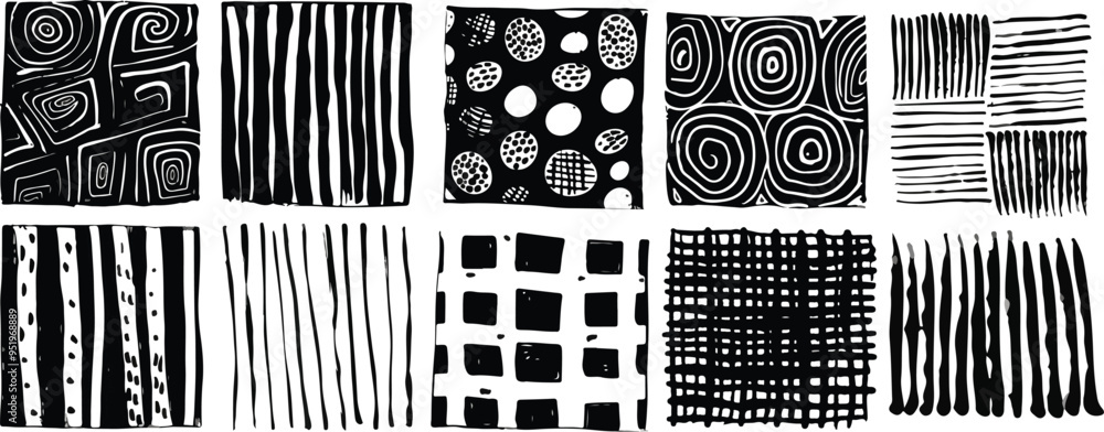 Poster abstract hand drawn geometric shapes collection charcoal doodles stripes checkered patterns and mini