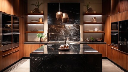 Elegance in the Kitchen: Stunning Black Marble Centerpiece and Dark Wood Cabinetry - Perfect as a Stylish Poster for Modern Interiors and Culinary Spaces