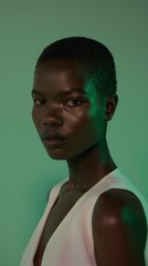 Obraz premium A woman with a short haircut and a green background