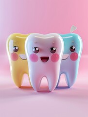 three cute cartoon teeth, Anthropomorphic, Smile, Trot, Vivid, Lovely, 3D, 8k, HD 