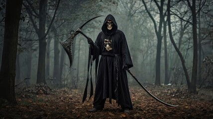 Reaper with scythe and mobile, spooky image 