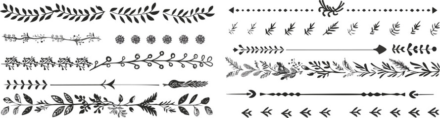 Hand drawn charcoal doodle floral dividers arrows swirls branches design elements ideal for wedding invitations scrapbooking feminine logos branding and social media posts isolated clipart set