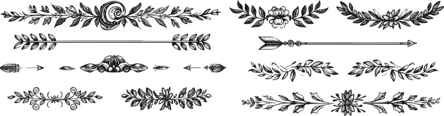 Hand drawn charcoal doodle set floral borders arrows branches swirls dividers and laurels ideal for vintage design elements and wedding invitations in monochrome style isolated