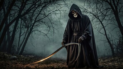 Fototapeta premium Reaper with scythe and mobile, spooky image