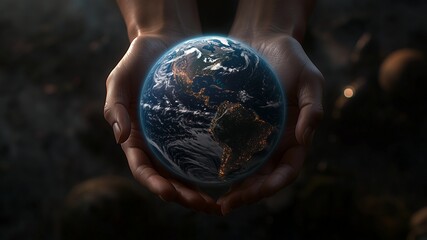 A pair of hands holding the Earth, with a visible, healthy ozone layer glowing around it, 3D, World Ozone Day