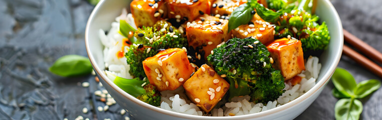 Asian tofu stir-fry with mixed vegetables over brown rice sesame seeds in a bowl in background