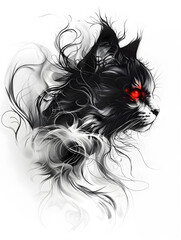 long hair cat tattoo design with smoke illustration
