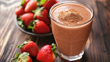 Protein smoothie with strawberries and protein powder, served in a glass, nutritious drink