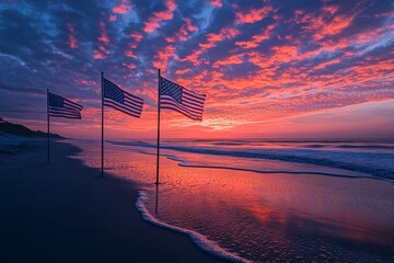 American flags on the beach at sunset, commemorating memorial day
