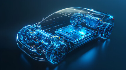 electric car lithium battery pack is illustrated with power connections, showcasing the core of modern automotive technology in a vibrant blue tone 