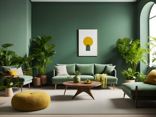 Modern Green Living Room Interior With Plants and Contemporary Furnishings