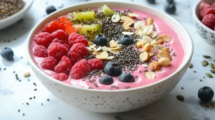 Protein-packed smoothie bowl with mixed fruits, nuts, and seeds, healthy breakfast option