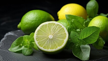 Lemon fruits and fresh green lemon balm on a background of black slate stone.