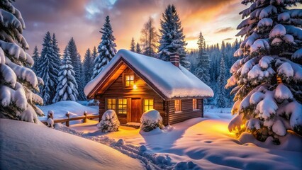 Fototapeta premium Cozy Snowy Cabin Winter Wonder Land Soft Focus Warm Lighting Inviting Mood Peaceful Atmosphere Comforting Scene