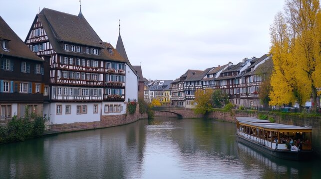 A tranquil scene captures traditional half-timbered houses lining a serene canal, creating a picturesque setting. The buildings, showcasing charming and vibrant architecture with colorful window shutt