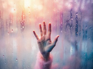 Dreamy Portrait of Hand on Foggy Windowpane with Soft Focus and Pastel Pinks and Whites
