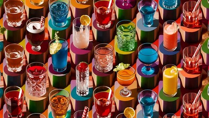 Collection of various glasses and drinks on color background