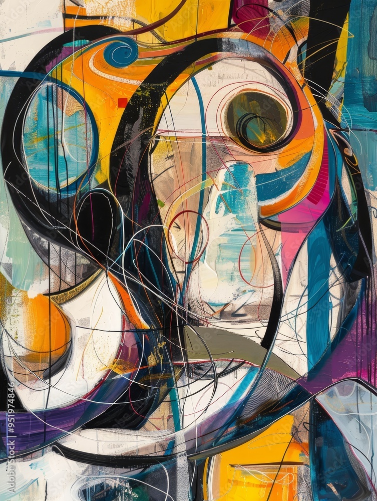 Poster abstract art with bold, vibrant colors and swirling shapes. dynamic composition with contrasting lig