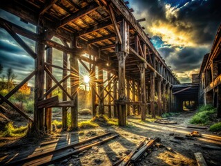 Fototapeta premium dramatic destruction chaos wood decay crumbling infrastructure dark brown eerie eerie shadows eerie silence abandoned neglect