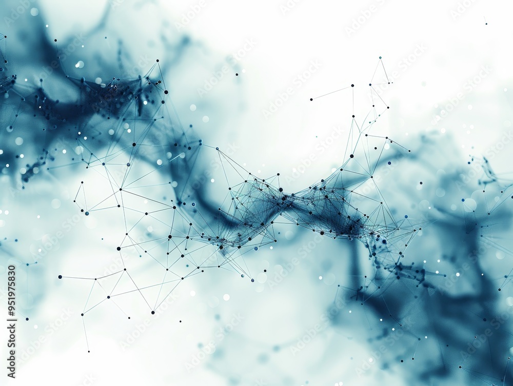 Poster abstract blue and white digital network background with connecting lines and dots.