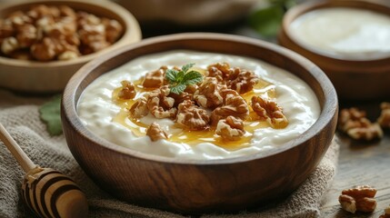 Protein-rich Greek yogurt with honey and nuts, served in a bowl, nutritious and delicious