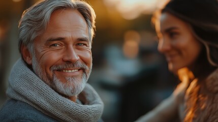 Confident Mature Man with Younger Partner Enjoying a Cozy Evening at an Outdoor Café