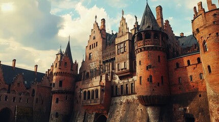 Fototapeta premium A beautifully preserved medieval castle made of red bricks and featuring intricate architectural details such as towering spires, gothic windows, and ornate facades. The castle's design showcases a bl